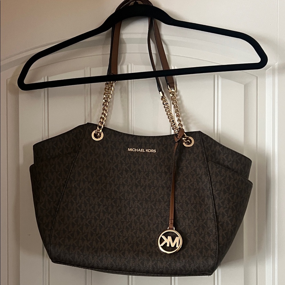 Michael Kors Dark Brown MK Logo Chain Tote